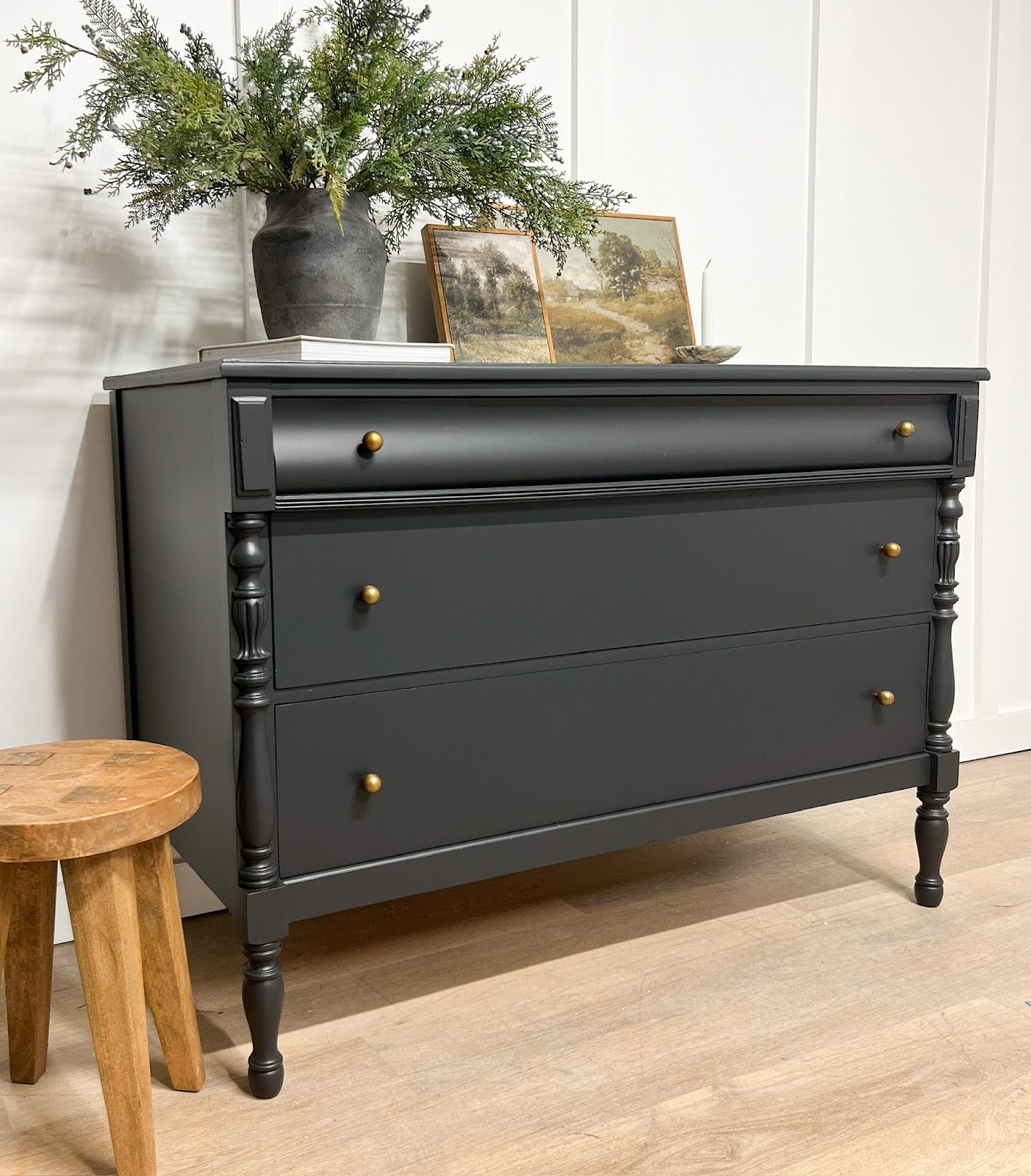 final reveal of black painted dresser, wooden dresser flip